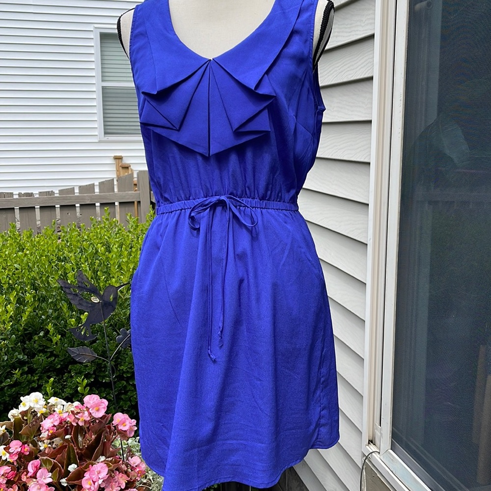 Bepop Sailor Shift Blue Ruffle Collar Pockets Draw String Waist Dress  L